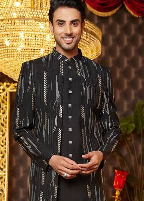 black computer thread work on art silk attach indowestern for men  3