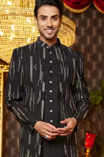 black computer thread work on art silk attach indowestern for men 