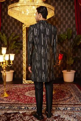 black computer thread work on art silk attach indowestern for men  4