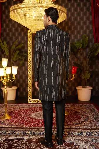 black computer thread work on art silk attach indowestern for men 