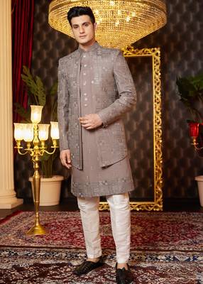 brown computer thread work on art silk attach indowestern for men  1
