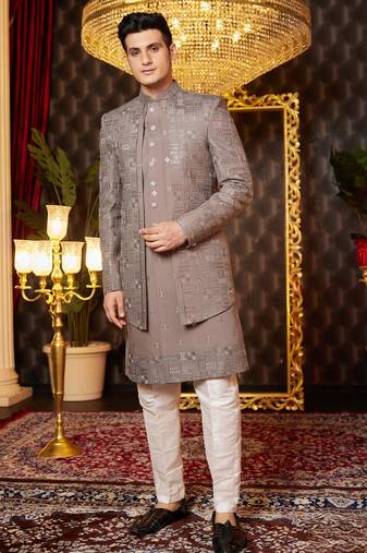 brown computer thread work on art silk attach indo for men 