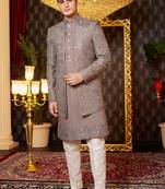 brown computer thread work on art silk attach indowestern for men 