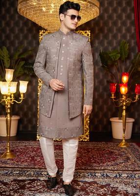 brown computer thread work on art silk attach indowestern for men  2