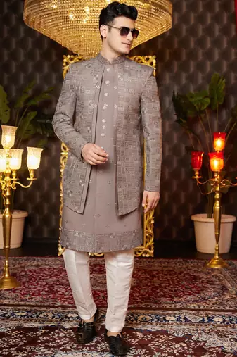 brown computer thread work on art silk attach indowestern for men 