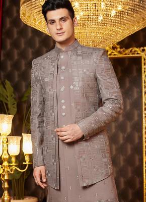 brown computer thread work on art silk attach indowestern for men  3