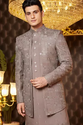 brown computer thread work on art silk attach indowestern for men 