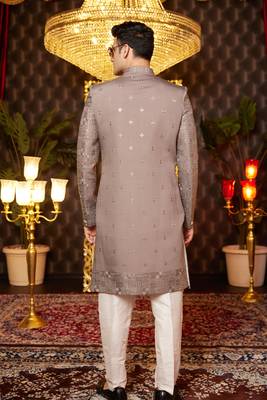 brown computer thread work on art silk attach indowestern for men  4