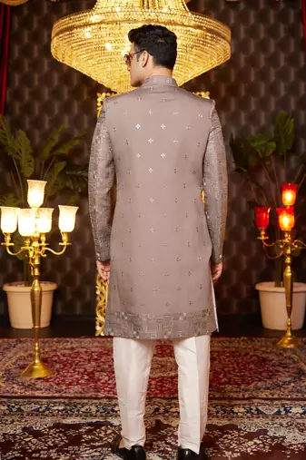 brown computer thread work on art silk attach indowestern for men 
