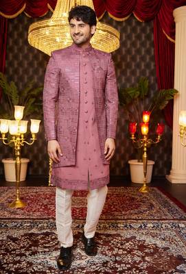 pink computer thread work on art silk attach indowestern for men  1