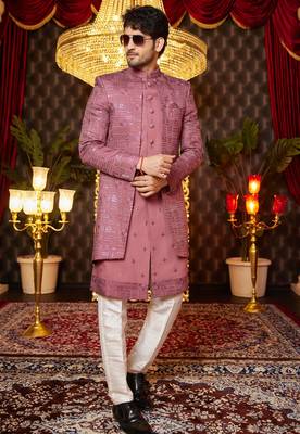 pink computer thread work on art silk attach indowestern for men  2