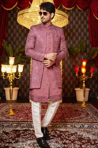 pink computer thread work on art silk attach indowestern for men 