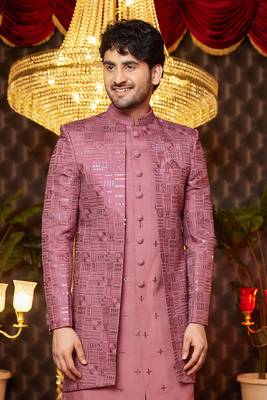 pink computer thread work on art silk attach indowestern for men  3