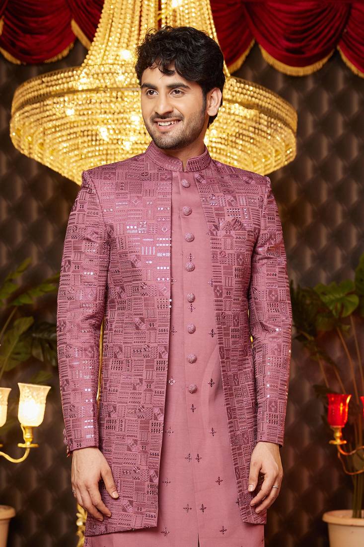 pink computer thread work on art silk attach indo for men 