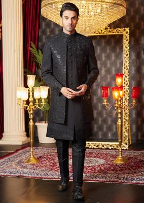 black computer thread work on art silk attach indowestern for men  1