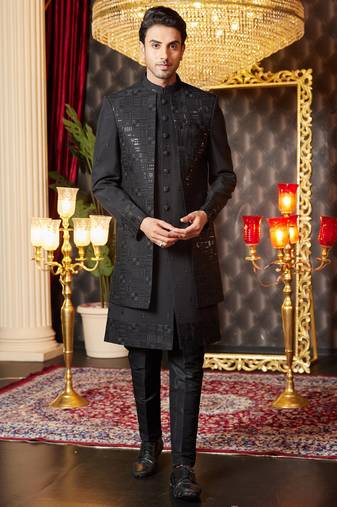 black computer thread work on art silk attach indo for men 