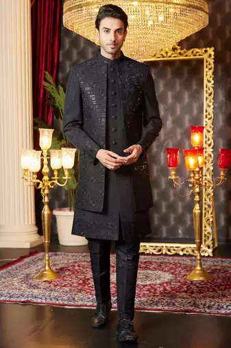 black computer thread work on art silk attach indo for men 