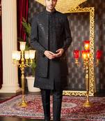 black computer thread work on art silk attach indowestern for men 