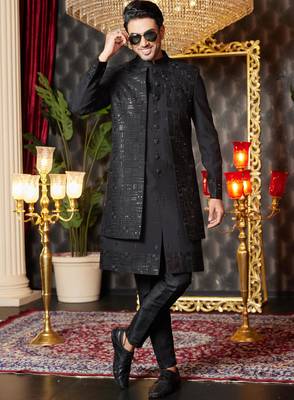 black computer thread work on art silk attach indowestern for men  2