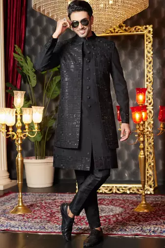 black computer thread work on art silk attach indowestern for men 