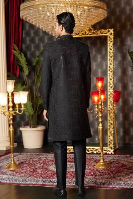 black computer thread work on art silk attach indowestern for men  4