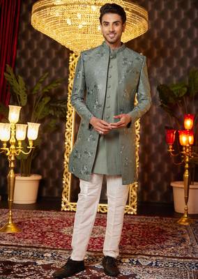 green computer thread work on art silk indowestern western for men  1