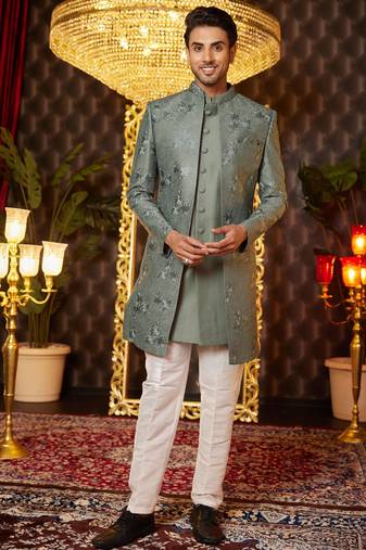 green computer thread work on art silk indo western for men 