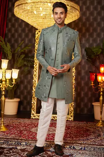 green computer thread work on art silk indo western for men 