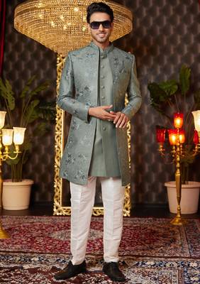 green computer thread work on art silk indowestern western for men  2