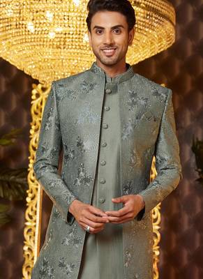 green computer thread work on art silk indowestern western for men  3