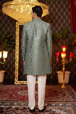 green computer thread work on art silk indowestern western for men  4