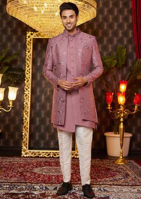 pink computer thread work on art silk indowestern western for men  1
