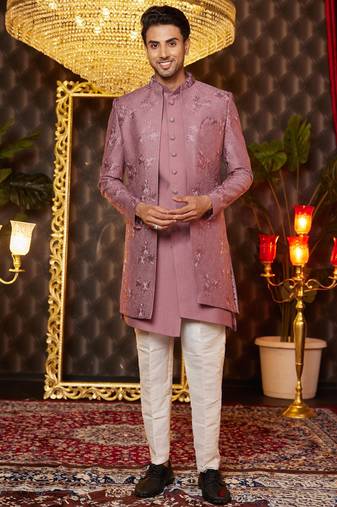 pink computer thread work on art silk indo western for men 