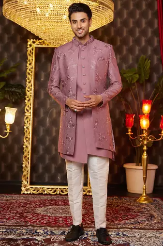 pink computer thread work on art silk indo western for men 