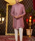 pink computer thread work on art silk indowestern western for men 