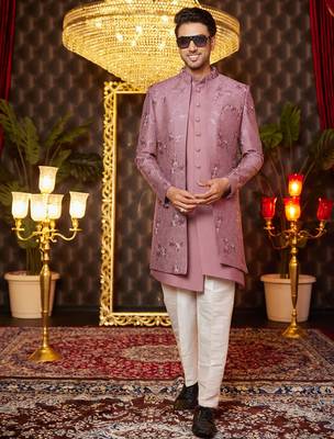 pink computer thread work on art silk indowestern western for men  2