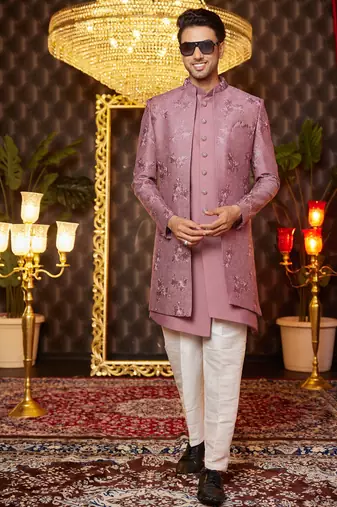 pink computer thread work on art silk indowestern western for men 