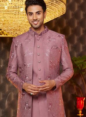 pink computer thread work on art silk indowestern western for men  3