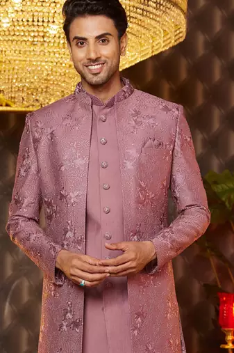 pink computer thread work on art silk indowestern western for men 