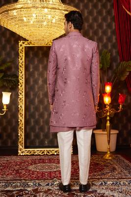 pink computer thread work on art silk indowestern western for men  4