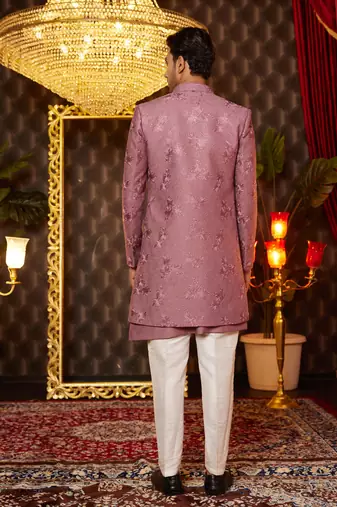 pink computer thread work on art silk indowestern western for men 