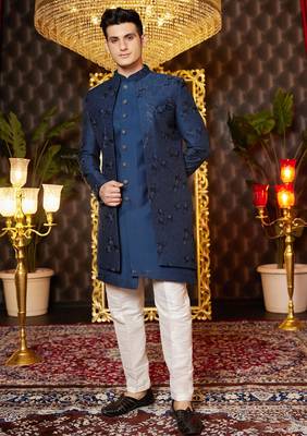 blue computer thread work on art silk indowestern western for men  1