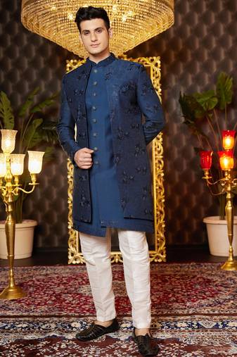 blue computer thread work on art silk indo western for men 