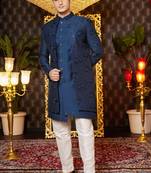 blue computer thread work on art silk indowestern western for men 