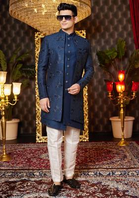 blue computer thread work on art silk indowestern western for men  2