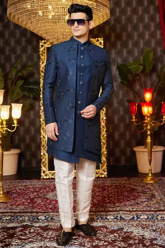 blue computer thread work on art silk indowestern western for men 