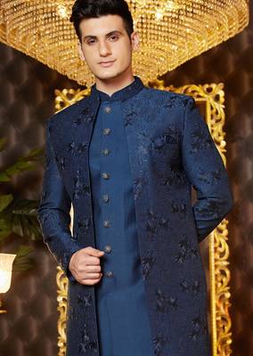 blue computer thread work on art silk indowestern western for men  3