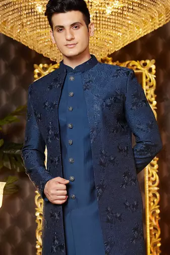 blue computer thread work on art silk indowestern western for men 