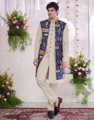 blue jacquard  art silk 3 peice jacket set for men 1