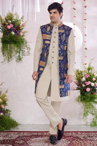 Blue jacquard  art silk 3 peice jacket set for men